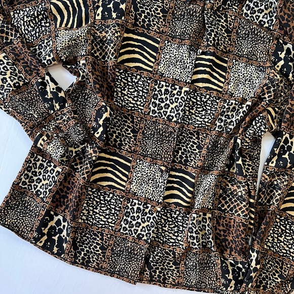Vintage 80's Collared Blouse Brown Animal Print Button Down Yves St. Clair - Picture 5 of 6